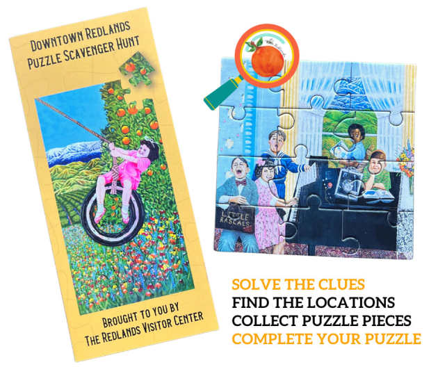 flyer for the puzzle scavenger hunt in downtown redlands